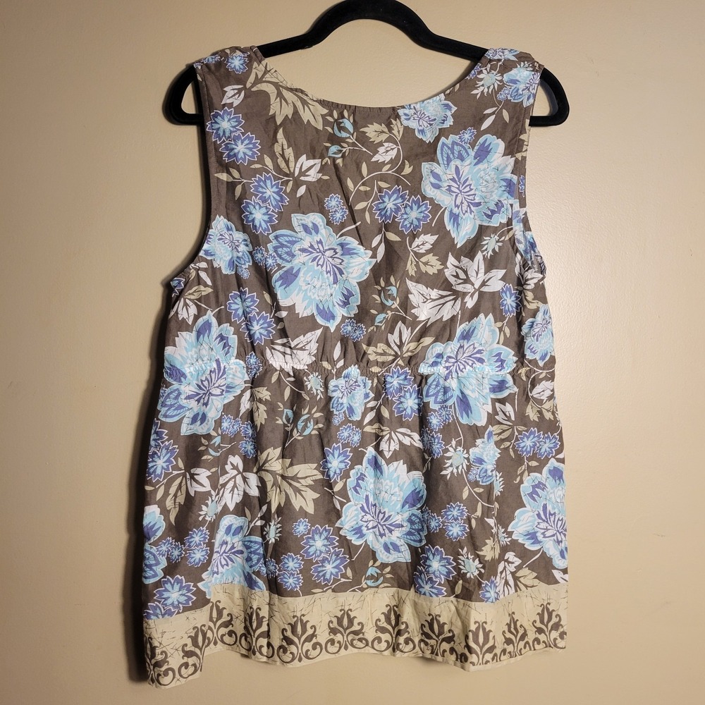 J. Jill LP Petite Large Floral Sleeveless Cotton Top Blue Gray Border Print 100% - Picture 2 of 8